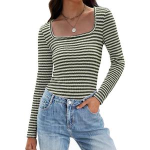 IWD Womens Striped Long Sleeve Shirts Slim Fit Square Neck Tops 2026 Spring Lightweight Sweater Knit T Shirts Layering Basic Tees Army Green S
