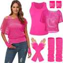 WILDPARTY Women Casual Sexy 80s Costumes Fishnet Neon Off Shoulder T-Shirt (Medium, Pink)