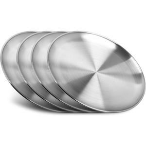 Stainless Steel Plates,4 PCS 10 inch Round Metal Food Serving Plates, Dinner Plates for Outdoor Camping Hiking, Party Serving, Feeding,Non Toxic & Reusable, Dishwasher Safe
