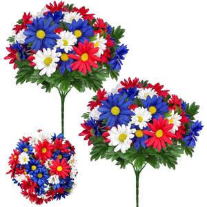 44 Heads Artificial Cemetery Flowers for Grave, 2 Bouquets UV Resistant Outdoor Grave Decorations Daisies, Red White Blue Patriotic Memorial Flowers for Veterans Outdoor Indoor USA 250th Anniversary