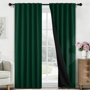 SimpleHome 100% Blackout Curtains for Bedroom,84 Inch Curtains for Living Room Rod Pocket and Back Tab Window Drapes Room Darkening Dark Green Curtain with Black Back,52 x 84 Inch,2 Panels