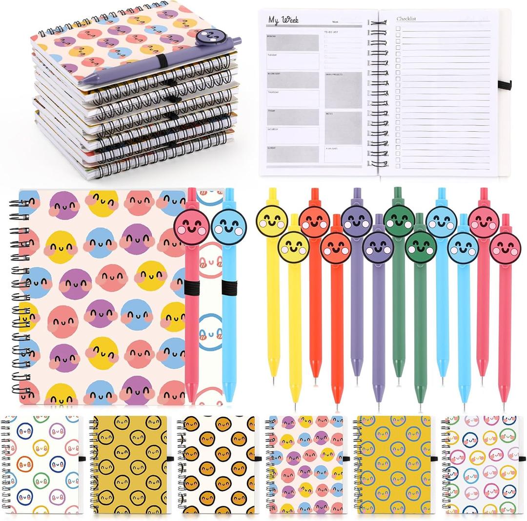 24 Pcs Smile Spiral Notebooks Pens Gifts Bulk Boss Day Preppy Affirmation Ballpoint Pens Positive Face Classroom Prize Gifts for Student Teacher Coworker Christmas(Weekly Planner Journal)