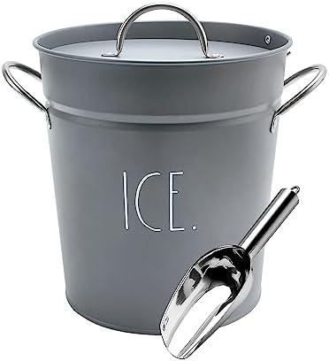 Rae Dunn Ice Bucket with Scoop - Stainless Steel Bucket with Handle, Lid and Ice Scooper - 4 Qt. Storage Bin for Ice Cubes for Bars, Parties, Backyard Barbeques, Picnics, and Camping (Grey)