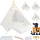 4 Teepee Tent for Kids, Sleepovers Tent for Kids, Inflatable Airbed with Mattresses,Star Lights, Fitted Sheet,Charging Pump, Birthday Slumber Party Girls Boys