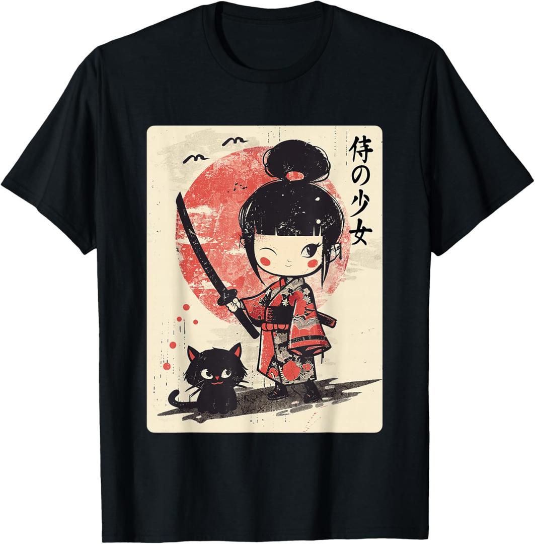 Cute Kawaii Samurai Girl with Katana & Cat Japanese Anime T-Shirt, Size: 1X
