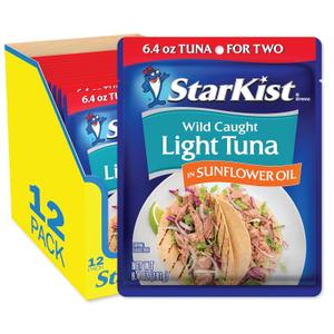 StarKist Chunk Light Tuna in Sunflower Oil, 6.4 oz Pouch (12 Pack) Ready to Eat Wild Caught Tuna, 19g Protein Per Serving, Gluten Free, Soy Free, Kosher, Perfect for Salads, Keto Meals and Snacks, Best By 10/15/25