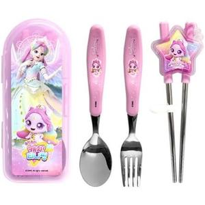 Teenieping Character Dinnerware Set with Case, Cutlery Set, Fork, Spoon, Tableware, Training Chopsticks for Beginners with Silicone Rings (Auroraping)