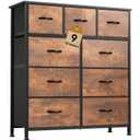 DWVO Dresser with 9 Drawers - Fabric Storage Tower, Organizer Unit for Living Room, Hallway - Sturdy Steel Frame, Wooden Top & Easy Pull Fabric Bins (Cool Rustic Brown)