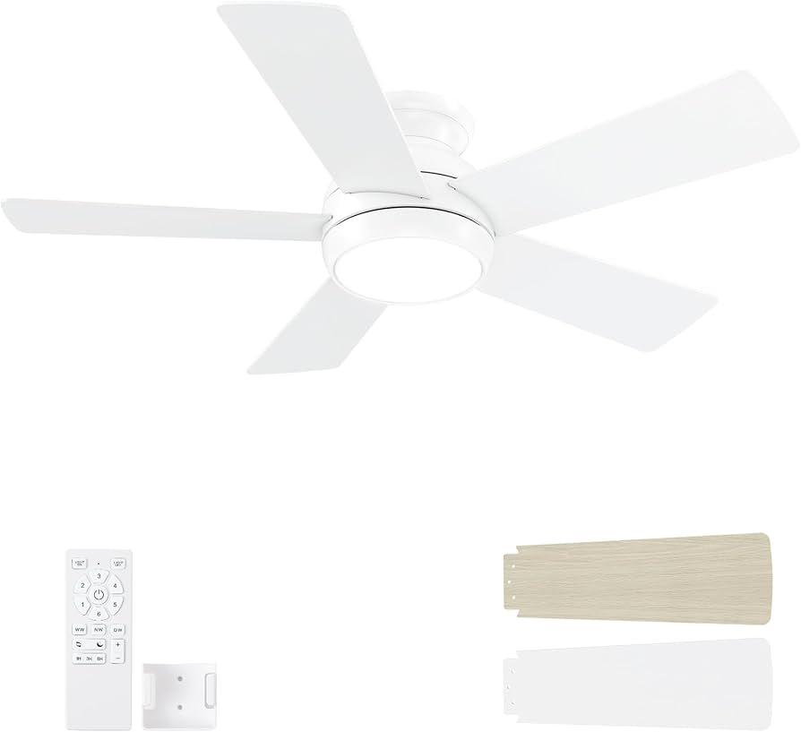 POCHFAN 42 Inch White Ceiling Fans with Lights and Remote, LED Low Profile Flush Mount Ceiling Fan for Bedroom, Living Room, Patio, Quiet DC Motor, 5 Blades
