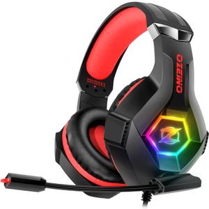 Ozeino Gaming Headset for PC, Ps4, Ps5, Xbox Headset with 7.1 Surround Sound, Gaming Headphones with Noise Cancelling Mic RGB Light Over Ear Headphones for Xbox Series X/S, Switch -Red