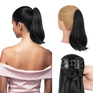 SEGO Ponytail Extensions, 10" Short Claw Clip in Ponytial Hair Extensions, Small Jaw Clip Pony Natural Soft Synthetic Hairpieces for Women -#1B Natural Black