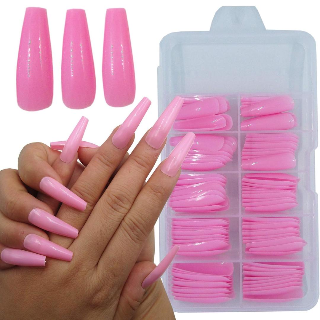 100pc Extra Long Pink Colored Coffin Press on Nails Ballerina False Fake Acrylic Nail Tips Full Cover Fingernail Designs Artificial Nails for Women Girls Salon Nail Art DIY (Pink)