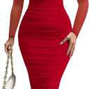 MOEENCN Women's Sexy Bodycon Midi Dress Birthday Outfits Sheer Mesh High Neck Ruched Date Night Club Party Dresses (Medium, Red)