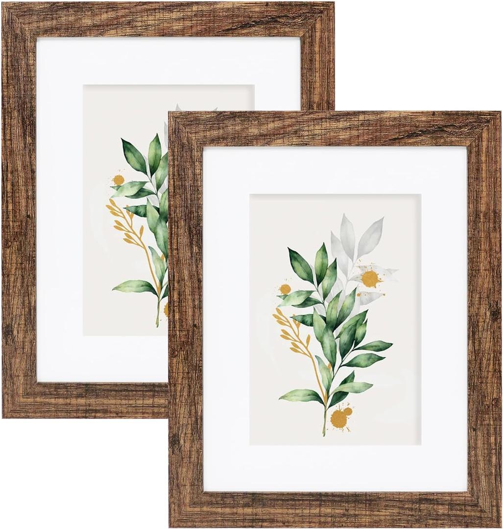 Hongkee 8x10 Picture Frame Set of 2, Made of Real Glass and Rustic Brown Wooden Frame - Display Picture 5x7 with Mat or 8x10 Without Mat, 8 by 10 Photo for Wall or Tabletop