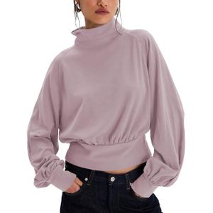 Ziqoty Womens Mockneck Sweatshirt Cropped Oversized Turtleneck Top Balloon Sleeves Pullover Casual Loose Fitting Tops(Pinkpurple-M) (M)