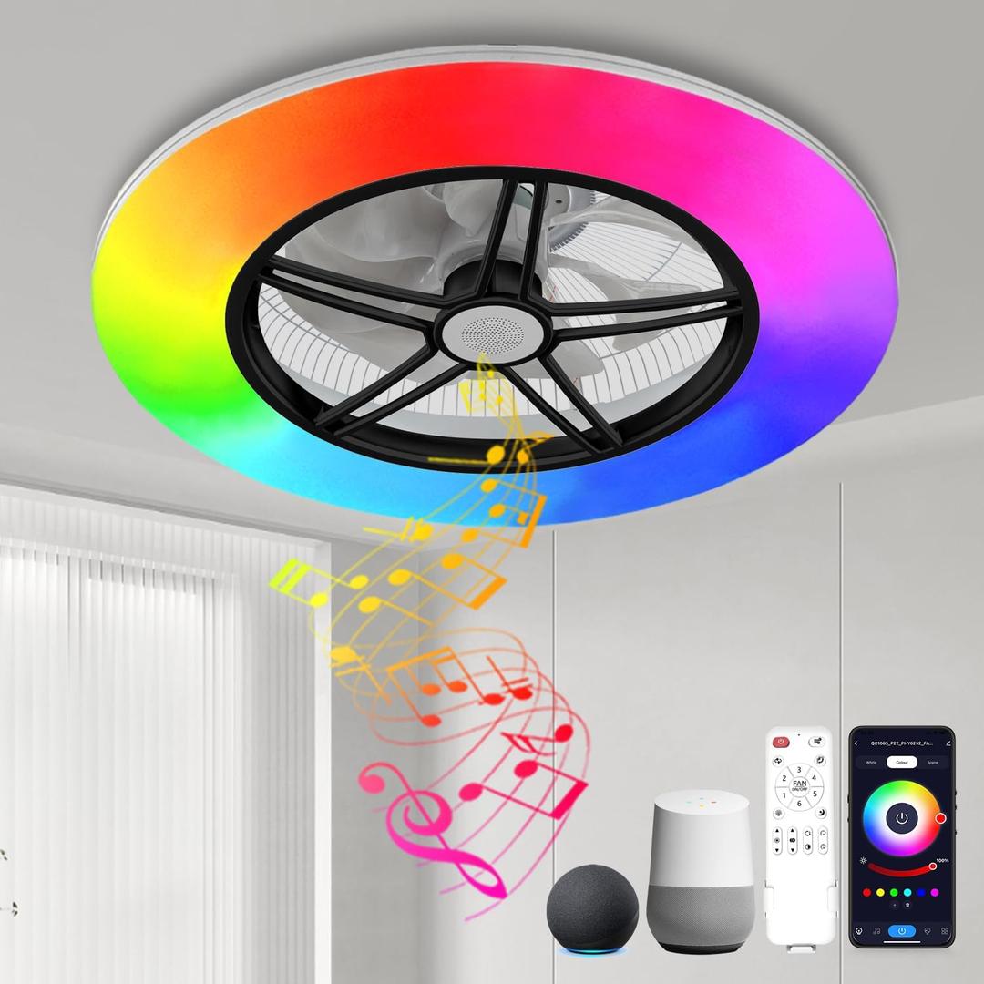 BAYSQUIRREL Alexa WiFi Low Profile Ceiling Fan with Light Flush Mount Enclosed Ceiling Fan LED Dimmable Bladeless Ceiling Fans with Google Assistant/App Control,6 Speed Dimmable LED-RGB Lights 22inch,Black+Alexa+RGB+Speaker