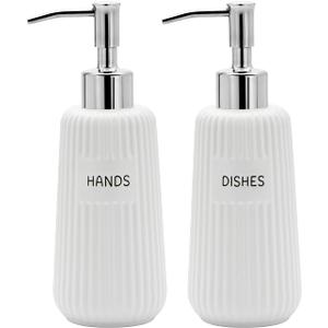 Kitchen Soap Dispenser Set with Stainless Steel Pump and Funnel, Modern Ceramic Refillable Hand and Dish Soap Dispenser Set for Kitchen, Bathroom, Office, Hotel, Matte White