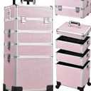 Costravio 5 in 1 Rolling Makeup Case on Wheels Large Cosmetology Case Organizer Beauty Cosmetic Train Case Travel Nail Cart for Make-up Studio Hair Salon, Pink Rhinestone