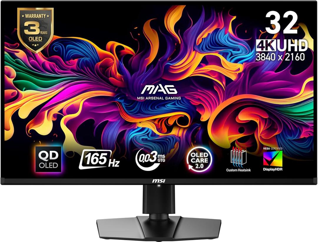 msi MAG 321UP QD-OLED 32-inch QD-OLED 3840 x 2160 (UHD) Computer Monitor, 165Hz, Adaptive-Sync, HDMI, Display Port, VGA Port, VESA Mountable, Tilt, Height Adjustable, Speaker, 0.03ms, Black