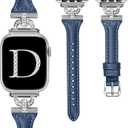 OULUCCI Slim Leather Bands Compatible with Apple Watch Band For women 40mm 41mm 38mm 44mm 45mm 49mm 42mm 46mm, D-Shape Diamonds For iWatch Women Bands Series 10 9 8 SE 7 6 5 Ultra 4 3 2 1 (Navy blue)