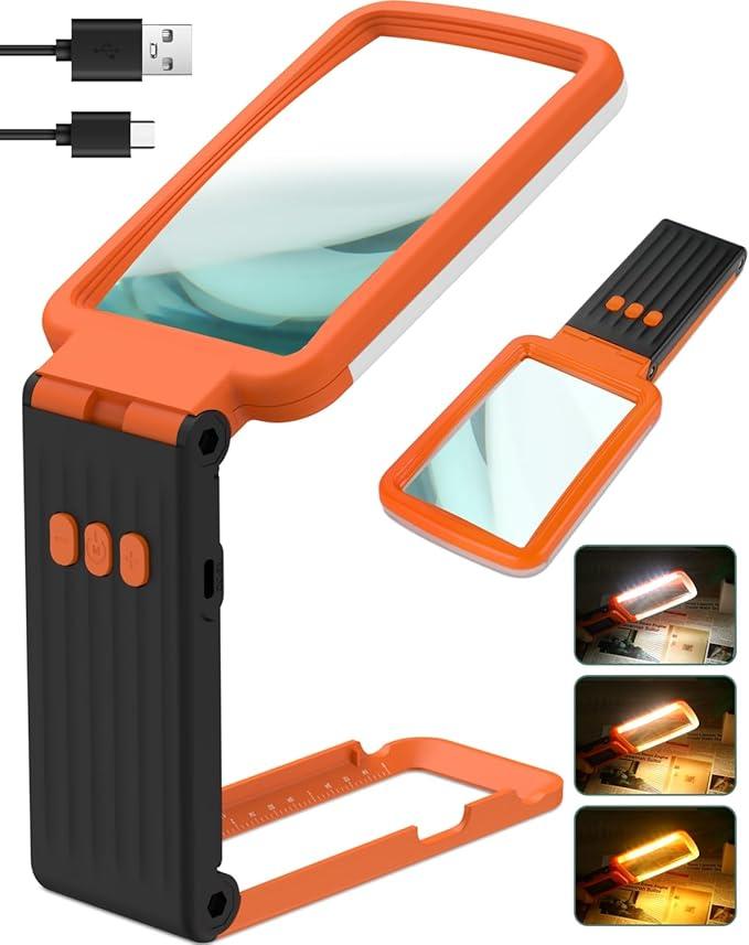 15X Magnifying Glass with Light and Stand, Rechargeable Folding Handheld Real Glass Magnifier, 3 Color Modes Dimmable Lighted Page Magnifier for Reading Small Prints, Seniors with Macular Degeneration