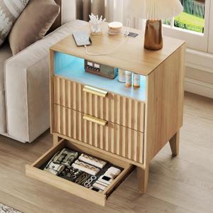 20“ W Fluted LED Nightstand with Charging Station, RFID Lock, Wood, 16"D x 20"W x 24"H
