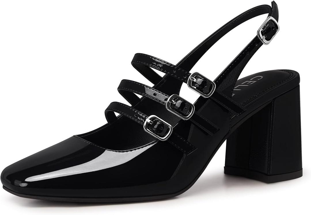 CELLENZ Women Mary Jane Shoes: Closed Toe Strappy High Heels - Black Dressy Comfortable Heel - Chunky Graduation Cute Dress Pumps Size 8.5