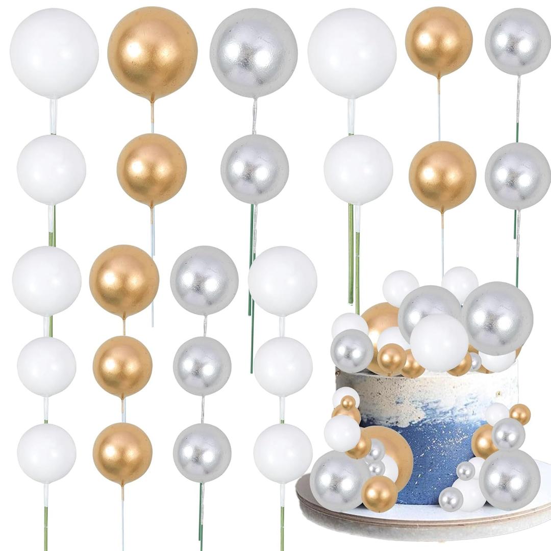 Gyufise 30Pcs Balls Cake Topper Foam Ball Cake Picks Mini Balloon DIY Cake Insert Topper Decoration for Baby Shower Wedding Anniversary Kids Birthday Party Cake Decorations Gold Silver White