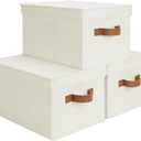 StorageWorks Storage Basket with Lid, Decorative Storage Boxes with PU Handles, Stackable Fabric Storage Bins for Closet, Shelves, Ivory, Large, 3-Pack
