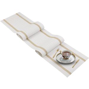 FAVE Woven Vinyl Table Runner White Table Runner Woven with Golden Threads 72x12 Inches Heat Resistant Wipeable Dining Table Mats(White-72x12) (12"x72", White)