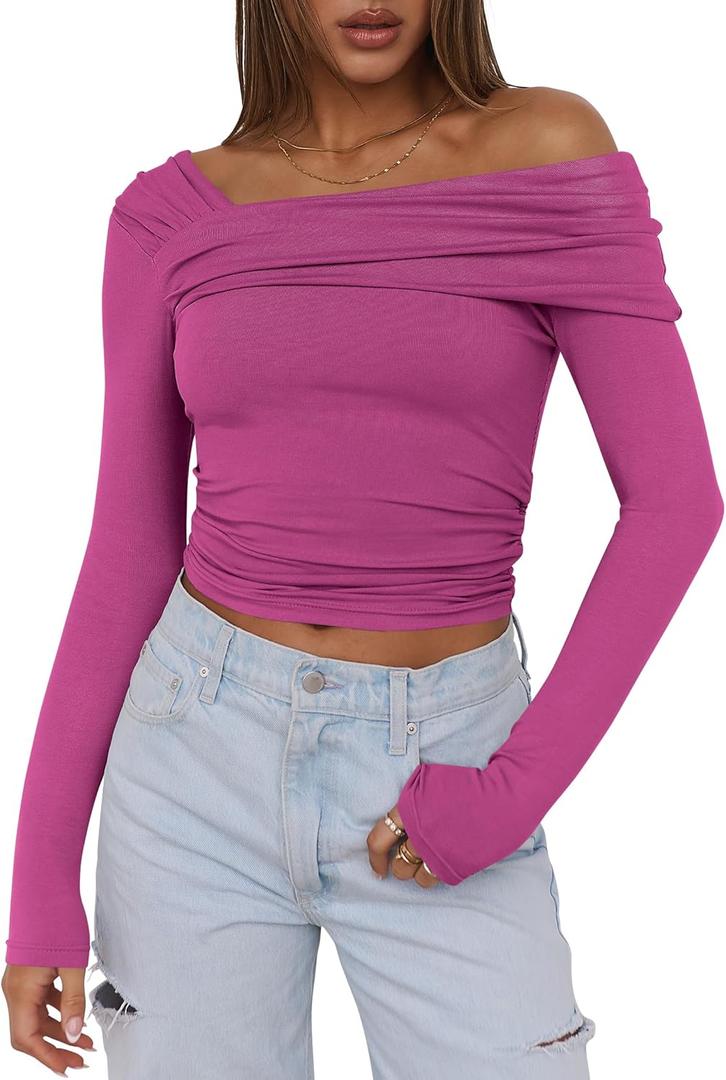 ANRABESS Womens One Off Shoulder Shirts Long Sleeve Slim Fitted Going Out Crop Tops 2025 Fall Outfits Y2K Clothes Hot Pink Small (S)