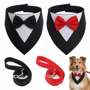 Gilprop 4 Pcs Formal Dog Outfit Dog Tuxedo Sets with Bowtie Wedding Dogs Bandana Collar with Nylon Leash Wedding Outfit Suit Adjustable Pet Party Costumes for Birthday(Black,Red,Medium:16"-19.5")