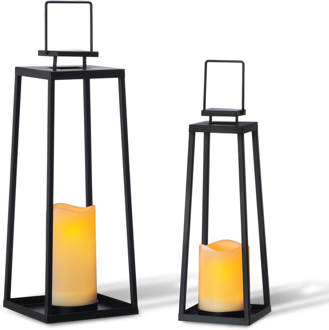 Solar Lantern Decorative Outdoor Set of 2 (18 & 15) Modern Black Metal Lanterns with Solar Candles, Decorative Candle Lanterns for Outdoor Porch, Patio, Garden, Yard Decor