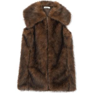 Amazhiyu Women's Faux Fur Zip Up Vest Coats Lapel Sleeveless Jackets with Pocket Brown, Large