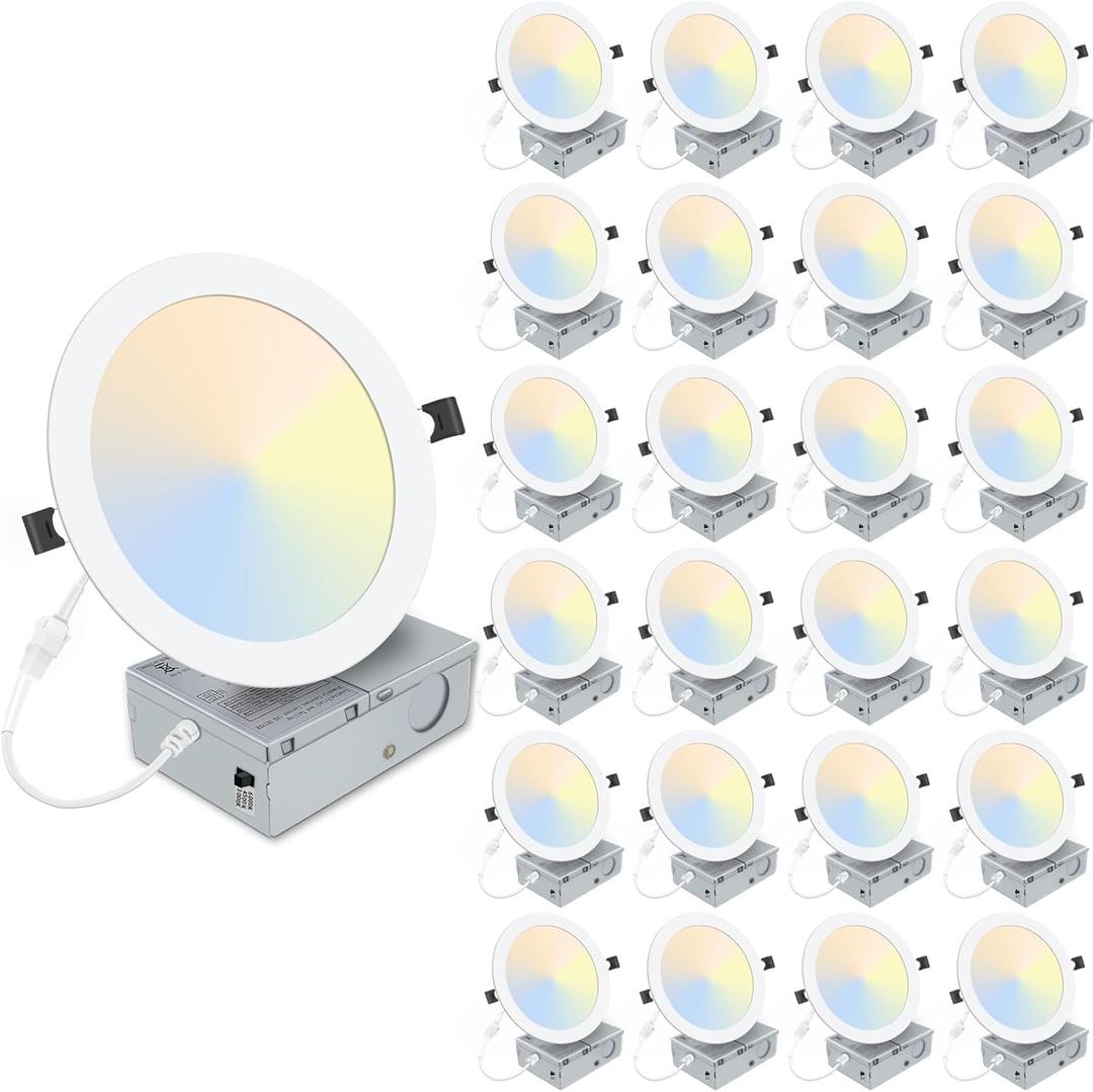 24 Packs 8 Inch Recessed LED Light: Ultra Thin LED Recessed Lighting with Junction Box, 3000K/4500K/6000K Selectable,Ceiling Light, High Brightness 1800LM Dimmable Canless LED Downlight (White)