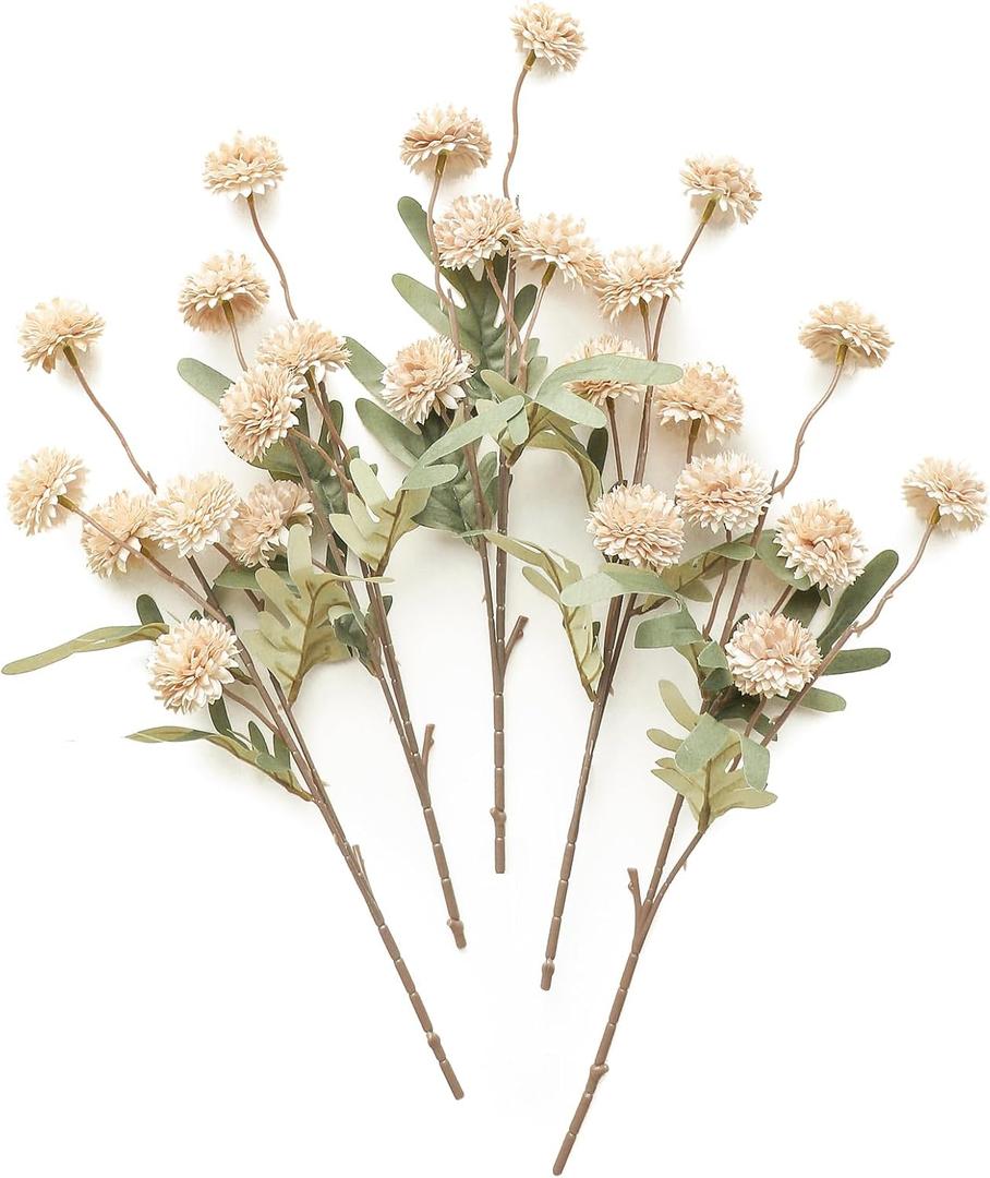 Floroom 5pcs Faux Silk Pompon Mum Artificial Flowers, Bulk Fake Mini Chrysanthemums with Stems for DIY Bouquet Centerpieces Wedding Fillers Champagne Arrangements Shower Decorations, Beige