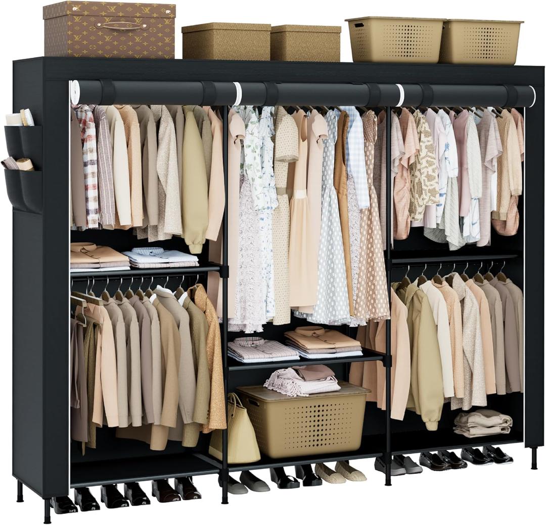 Portable Closet, 81.5 Inch Extra Large Capacity Wardrobe Closet with Cover, Clothes Storage Organizer with Shelves and 5 Hanging Rods, Easy to Assembly, Black PCT136B01 (81.5"L x 17.7"W x 78"H)