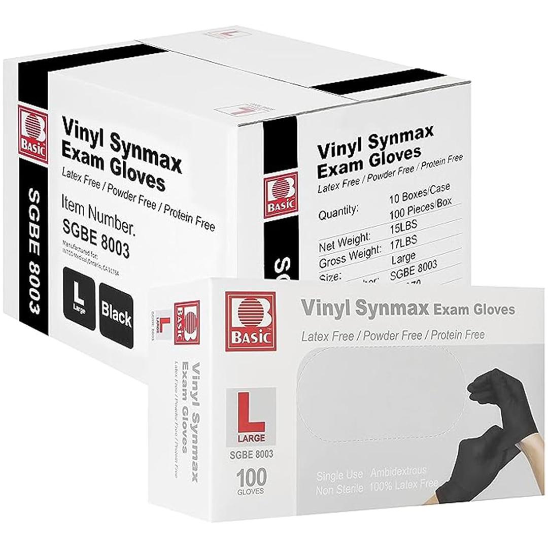 Disposable Medical Synmax Vinyl Exam Gloves- 4 mil Safty Glove 1000pcs - Latex-Free & Powder-Free - SGBE 8003, Large (Case of 1000, Black) (Black, L)