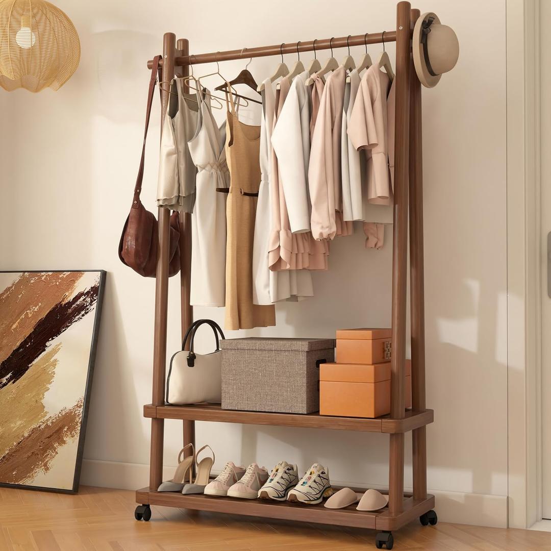 Solid Wood Clothing Rack Freestanding with Wheels, 3-in-1 Coat Rack with 2 Shelves & Hooks Load 500 Lbs, Heavy Duty Garment Rack for Hanging Clothes & Organizer for Entryway Bedroom Living Room 31.5"W
