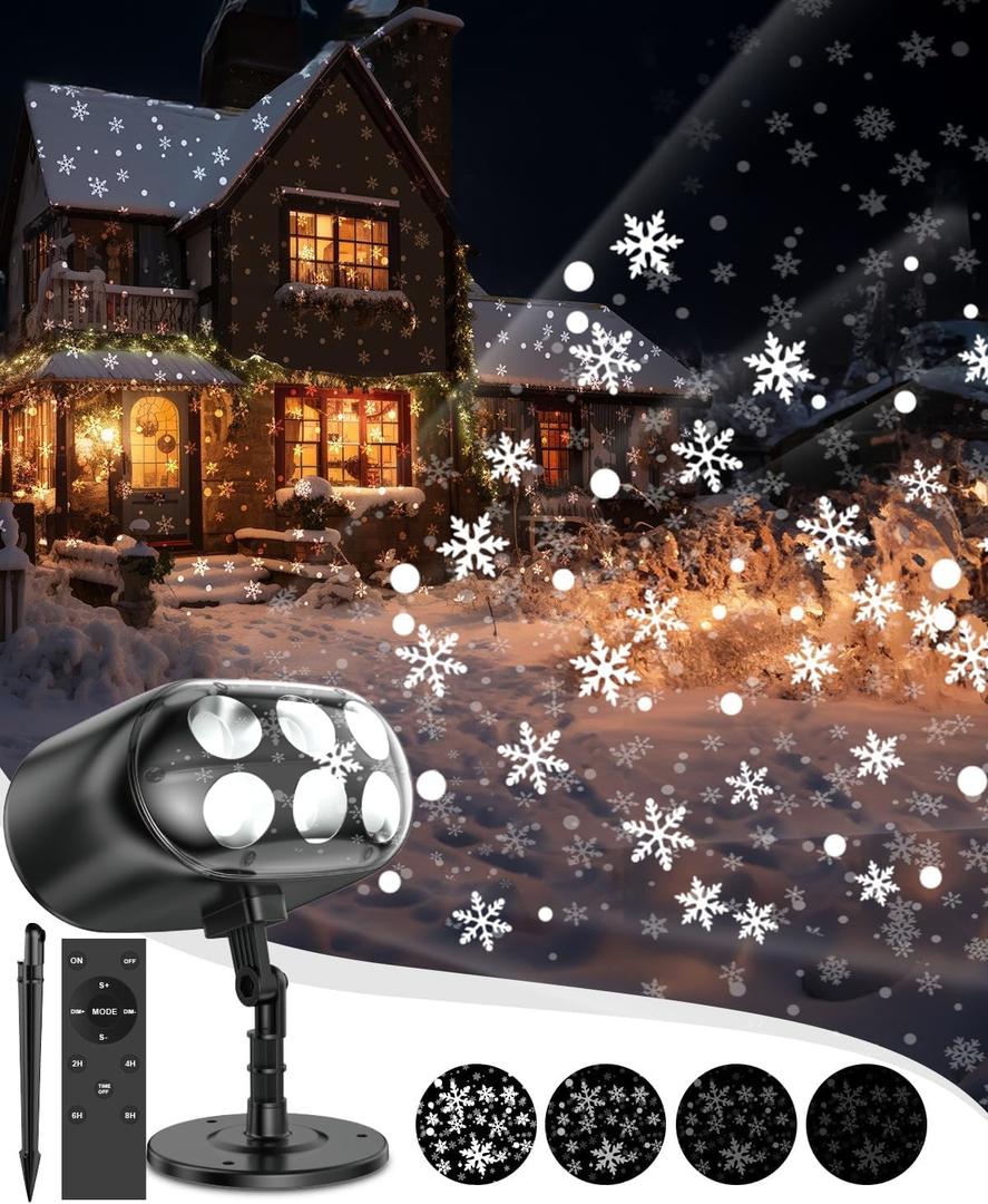 Snowflake Projector Lights with Remote, Timer, Dimmer, IP68 Waterproof, Christmas Projector Lights Outdoor, 270 Rotation for Christmas Decorations