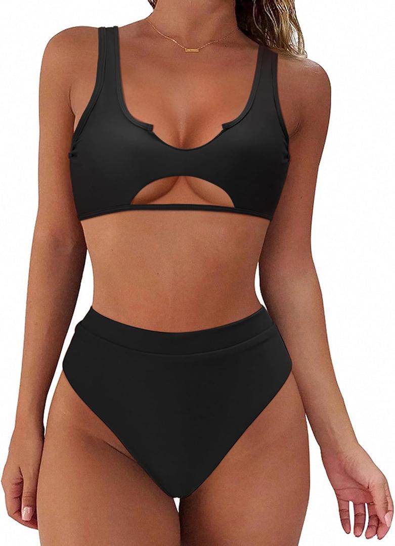 SUUKSESS Women Cutout Bikini Sets Push Up High Waisted Swimsuits 2 Piece (XL(8-10), Black)