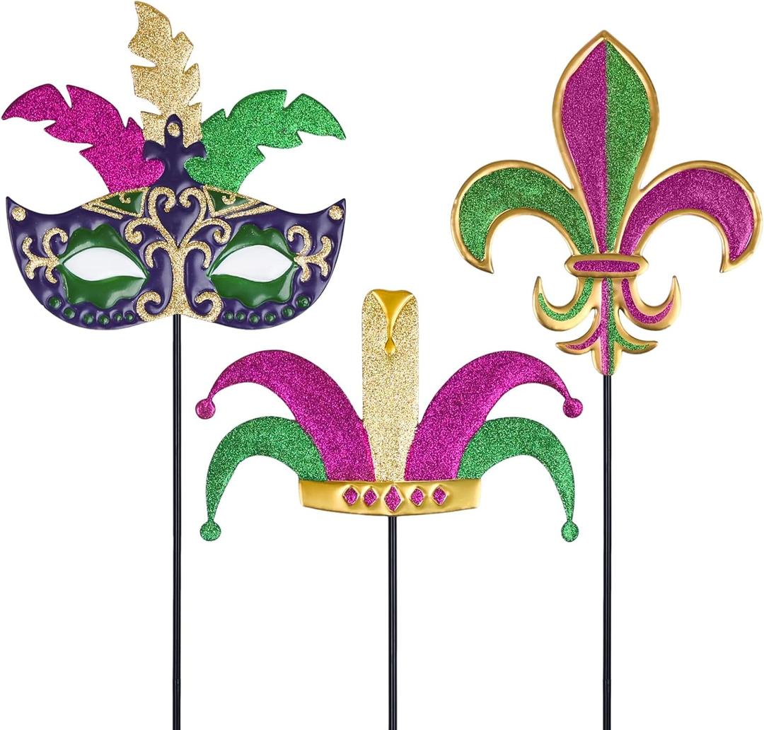 hogardeck Mardi Gras Outdoor Decorations, Set of 3 Metal 36" Decorative Garden Stakes with Mask Fleur-de-lis Jester's Hat for Mardi Gras Decor, Glitter Yard Sign for Outside Lawn Porch Backyard Party (Green, Purple, Gold)