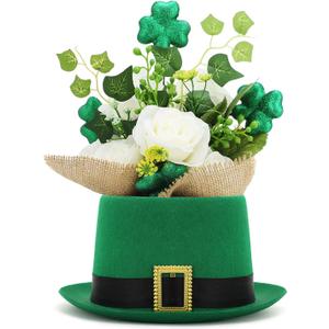 St. Patrick's Day Flower Pot Set Include Irish Leprechaun Green High Top Hat and Shamrock Trees Tabletop Shamrock Flowers Decorations for St. Patrick's Day Table Home Party Decor