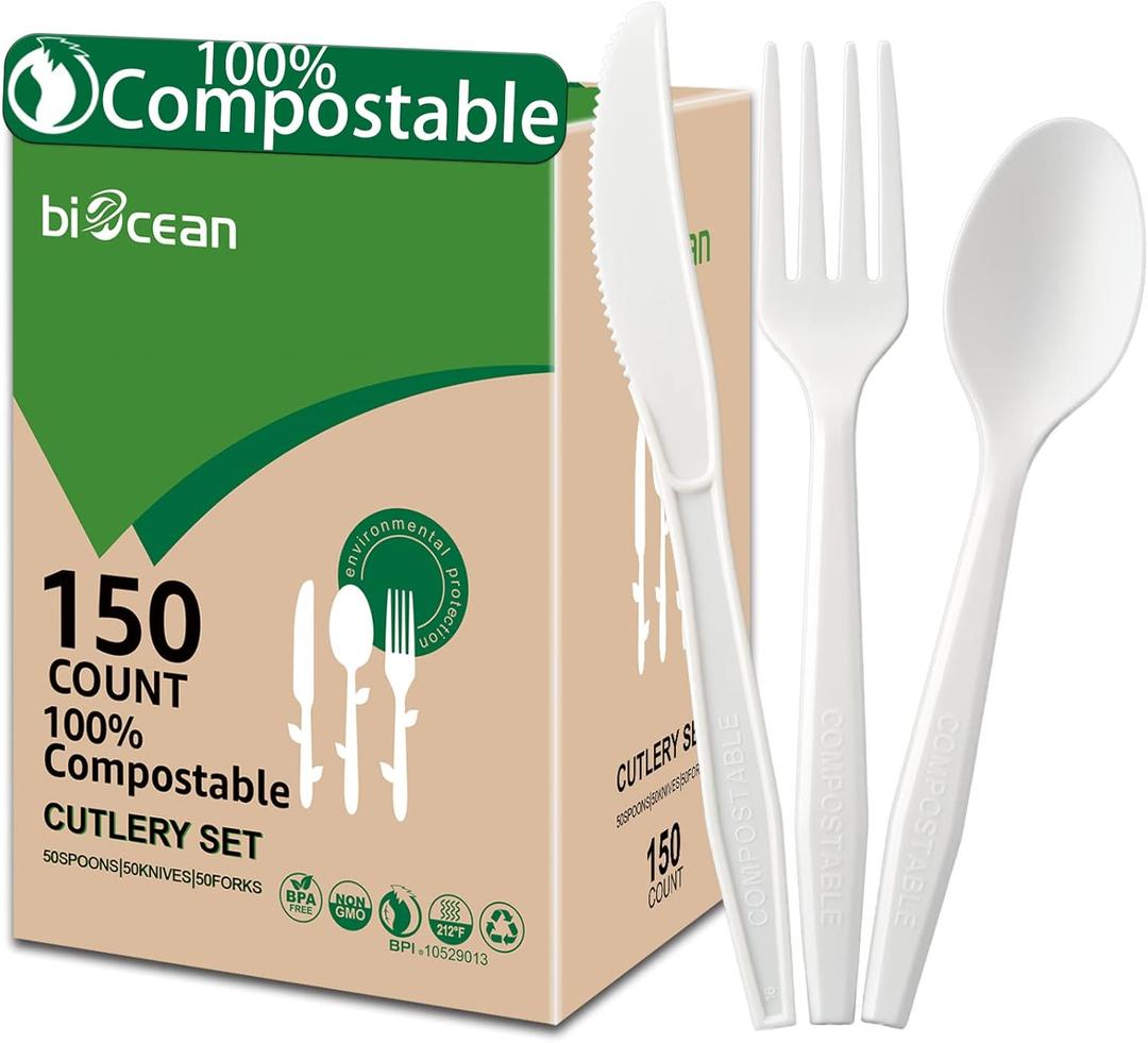 BIOCEAN 100%Compostable No Plastic Knives Disposable Forks Spoons Plastic Utensils, The Heavyweight Heavy Duty Flatware is Eco Friendly Products for Lounge Party Wedding BBQ Picnic Camping [150 Count]