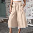 TARSE Women's Linen Capri Pants Wide Leg Flowy Culottes Summer Casual Lightweight Elastic Waist Drawstring with Pockets XL