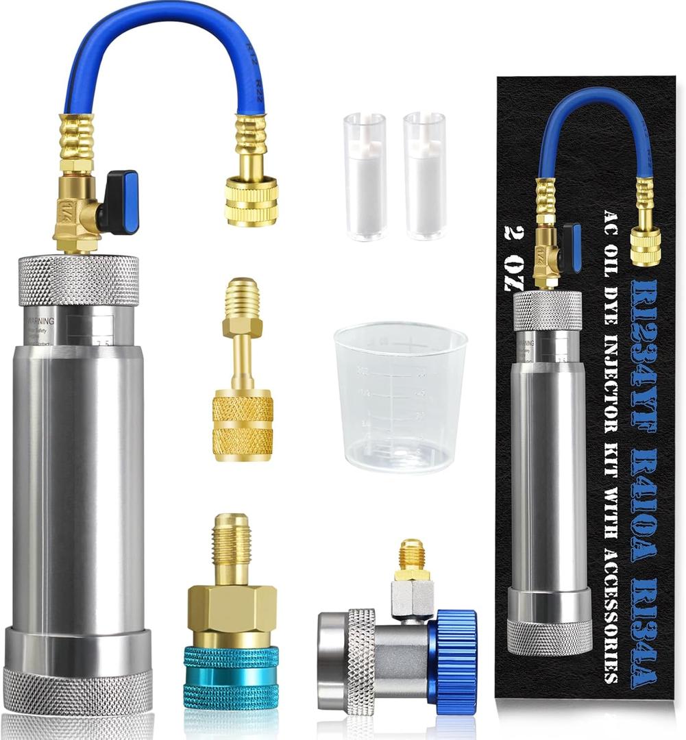 R134A & R1234YF & R410A AC Oil Dye Injector Kit with R134A Quick Coupler R1234YF Quick Coupler R410A Adapter 2 Oil Checkers 2 oz Measuring Cup
