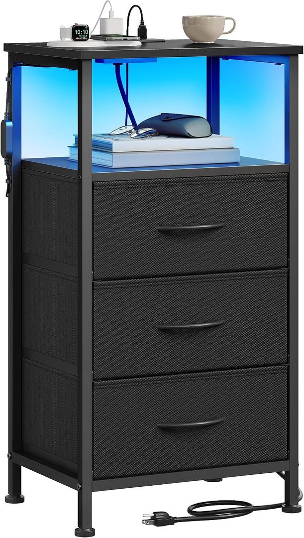 SONGMICS BELLAH Collection - Nightstand with Charging Station and App-Controlled Adjustable LED Lights, Bed Side Table, 3 Drawer and 1 Open Shelf, Bedroom, Ink Black and Ebony Black ULGS303BH01S