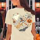Halloween Shirts Women Fall Pumpkin Tshirt Ghost T Shirt Skeleton Tops Casual V Neck Short Sleeve Tees (Yellow, XL)