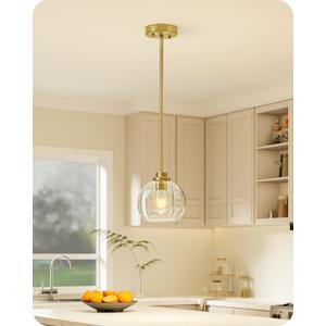 EDISHINE Pendant Lights Kitchen Island, Modern Gold Hanging Light Fixture with Clear Glass Globe Shade, Hardwired Adjustable Metal Rod for Dining Room, Entryway, 1 Pack
