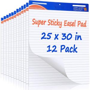ReliThick 12 Pads Sticky Easel Pad, 25 in x 30 in, White, Lined, 30 Sheets/pad, Anchor Chart Paper for Teachers, Lines Flip Chart with Sticky